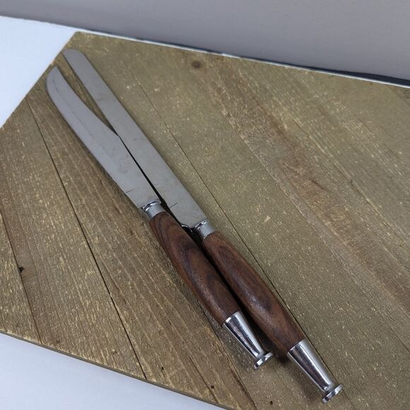 Mid-Century Modern Wood Handle Knife Set – Vintage Stainless Steel 13” & 15” - Picture 6 of 6